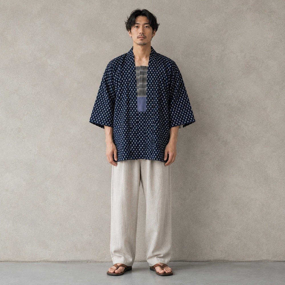 Vintage Japanese Indigo Kasuri Cotton Haori Kimono Jacket Men Blue Geometric‎ L
